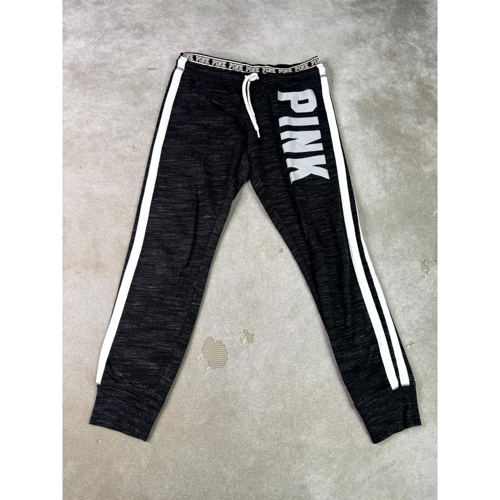 Victoria's Secret PINK Jogger Pants Womens Medium Gray Heather Stripe Drawstring
